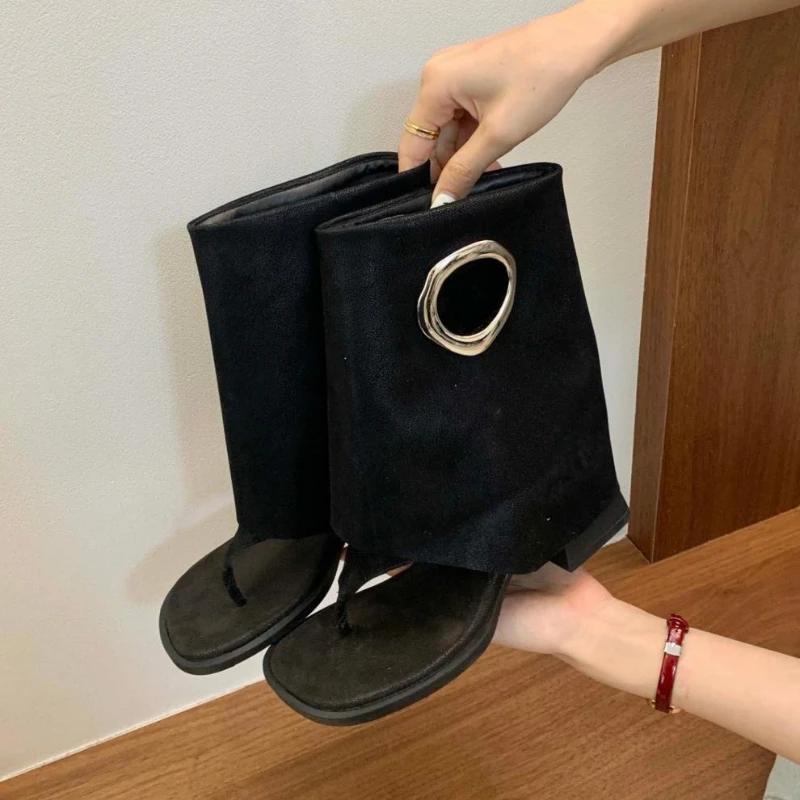 Мода Мода Металлическое Украшение Бренд Ботильоны Женские Высокое Качество Атласный Открытый Носок Современный Сапог Ретро Квадратный Носок Шлепанцы Летний Сапог