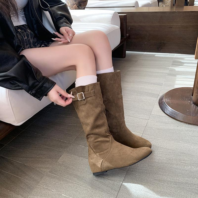 Autumn Pleated Pile Boots Women's Autumn and Winter Retro But Knee Boots Skinny Knight Boots Smoke Boots