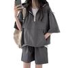 2 Pcs/Set Women Hoodie Shorts Set Half Zipper Hooded Three-quarter Sleeve Loose Big Pocket
