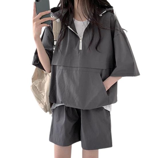 2 Pcs/Set Women Hoodie Shorts Set Half Zipper Hooded Three-quarter Sleeve Loose Big Pocket