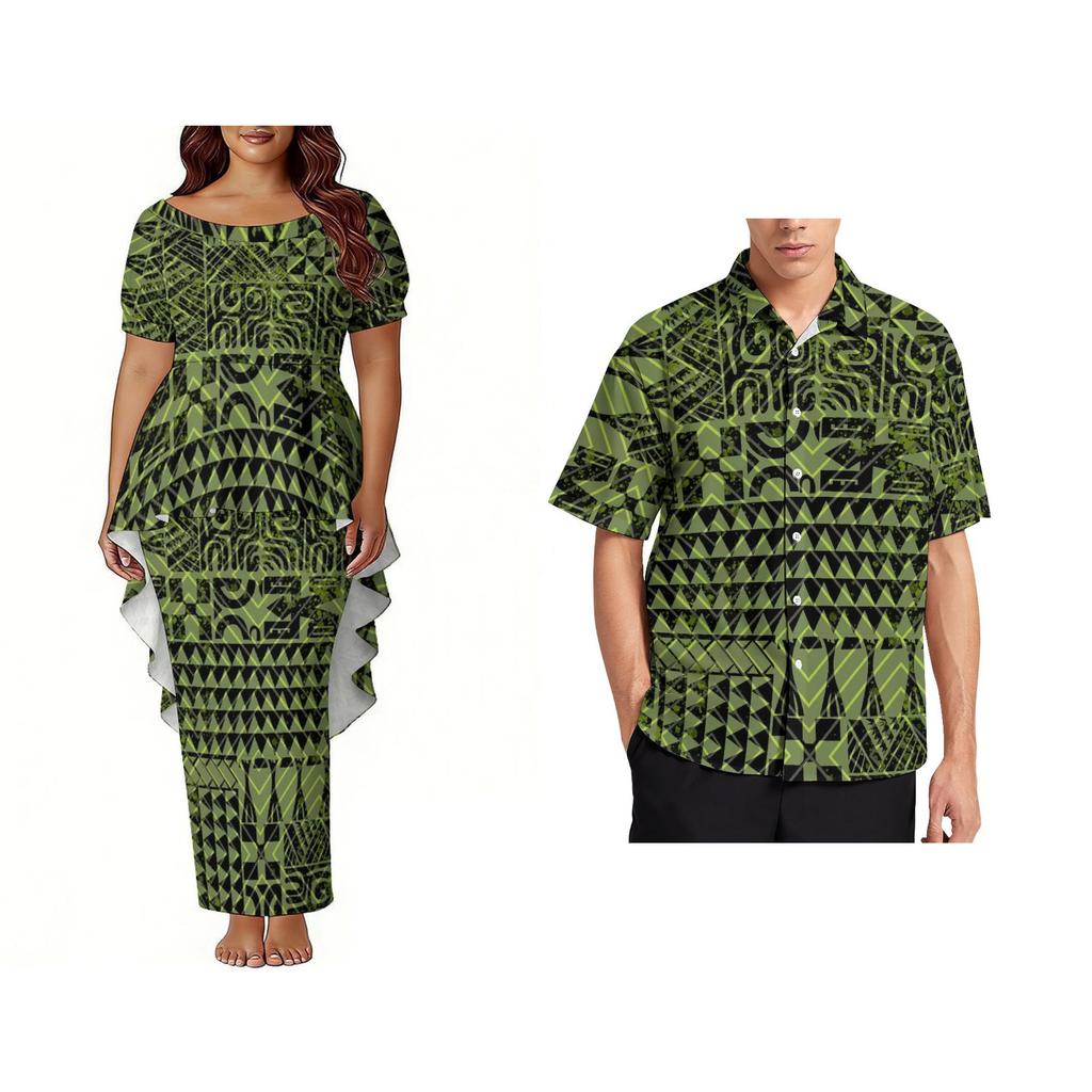 Custom Polynesian Bubble Short Sleeve Long Dress Lady Puletasi Dress Match Plus Size Men Stiff Neck Shirt Sets off Couples 2pcs