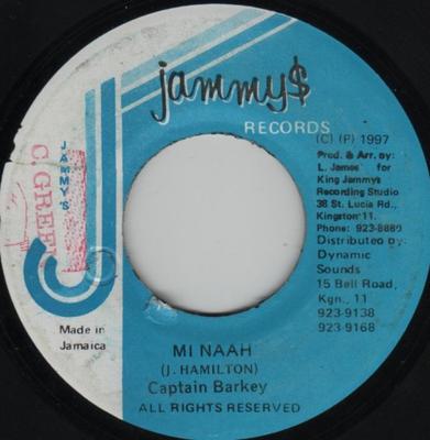 7-дюймовая пластинка CAPTAIN BARKEY - Mi Naah NONE Jammy's Records 1997 Ямайка Регги, Ска и Даб Б/У