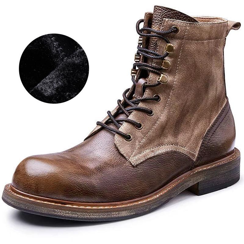 Винтажные высокие мотоциклетные ботинки, ботинки из натуральной кожи, мужская плюшевая теплая осенне-зимняя обувь, мужские ботильоны, мужские ботинки из воловьей кожи