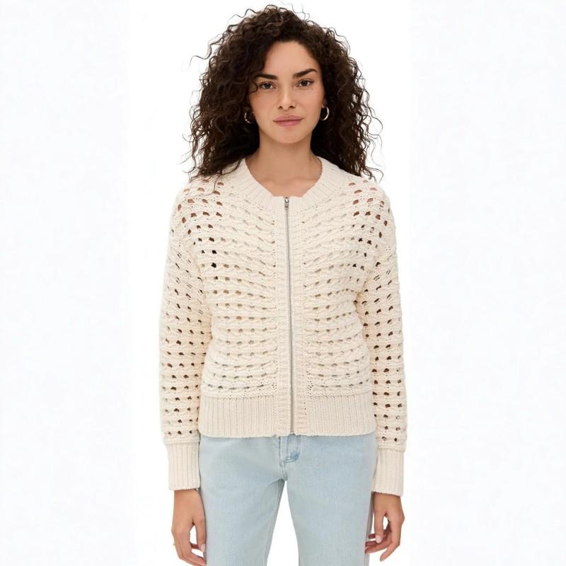 Womens Fashion Zip-Up Knit Cardigan Solid Color Hollow Out Casual Commute Sweater