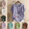 Women's Fashion Flowers Prined Round Neck Short Sleeve T-shirt Casual Cotton Linen Graphic Shirt Leisure Loose Summer Blouse Tops
