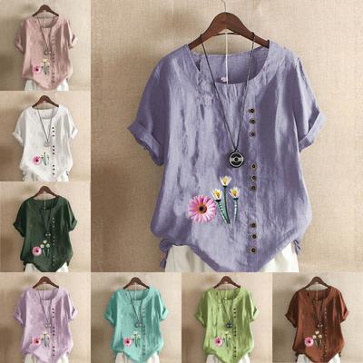 Женская мода с цветочным принтом, круглым вырезом и коротким рукавом, повседневная хлопково-льняная рубашка с рисунком, свободная летняя блузка для отдыха, топы