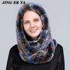JINGERYA новая женская вязаная шапка с мехом кролика рекс, шарф с капюшоном, длинная зимняя теплая меховая шапка с шейным воротником, шарфы, шапка, шарф