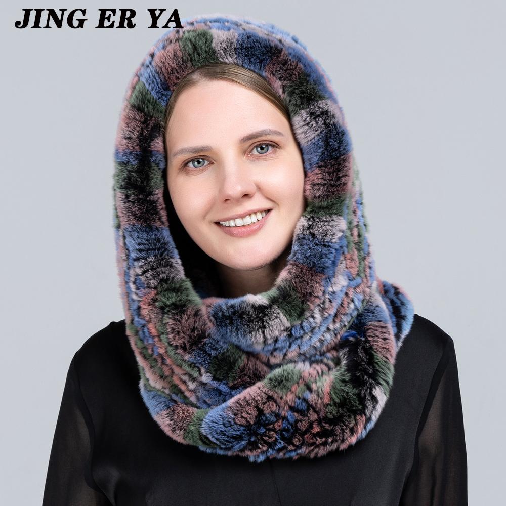 JINGERYA новая женская вязаная шапка с мехом кролика рекс, шарф с капюшоном, длинная зимняя теплая меховая шапка с шейным воротником, шарфы, шапка, шарф