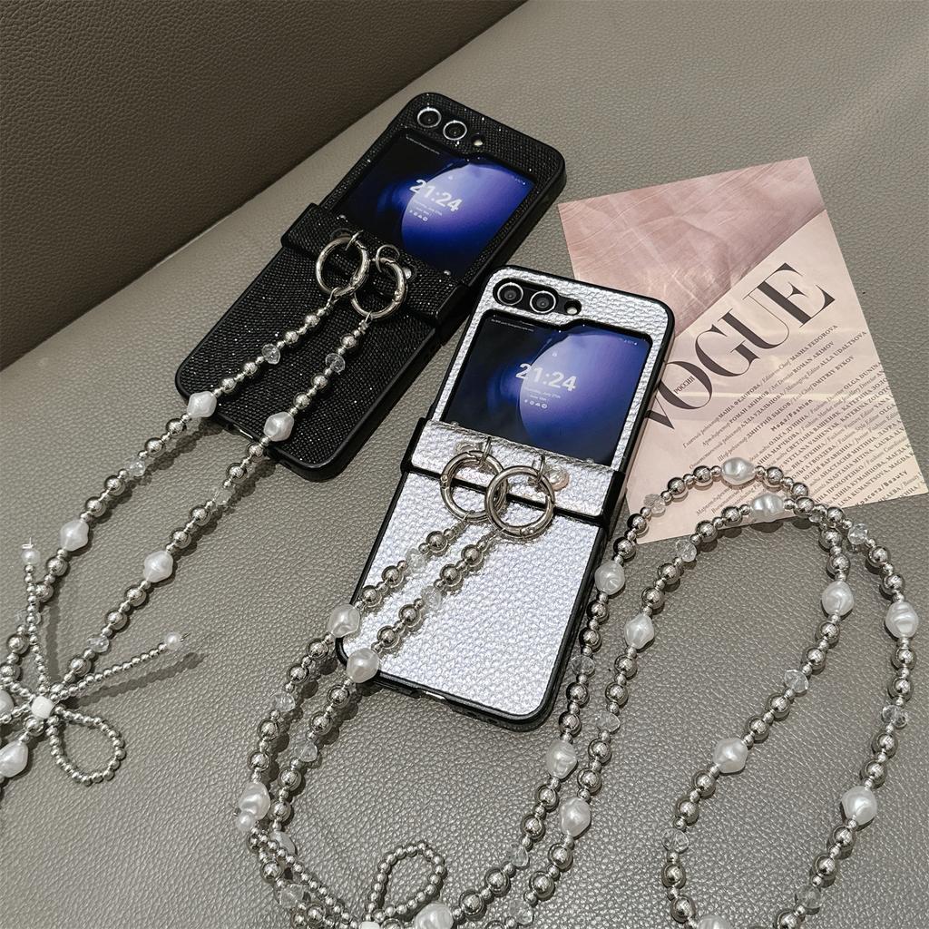 For Samsung Galaxy Z Flip7 FE 5G/Z Flip6 5G Case Hinge Protection Leather+PC Phone Cover with Crossbody Beaded Strap
