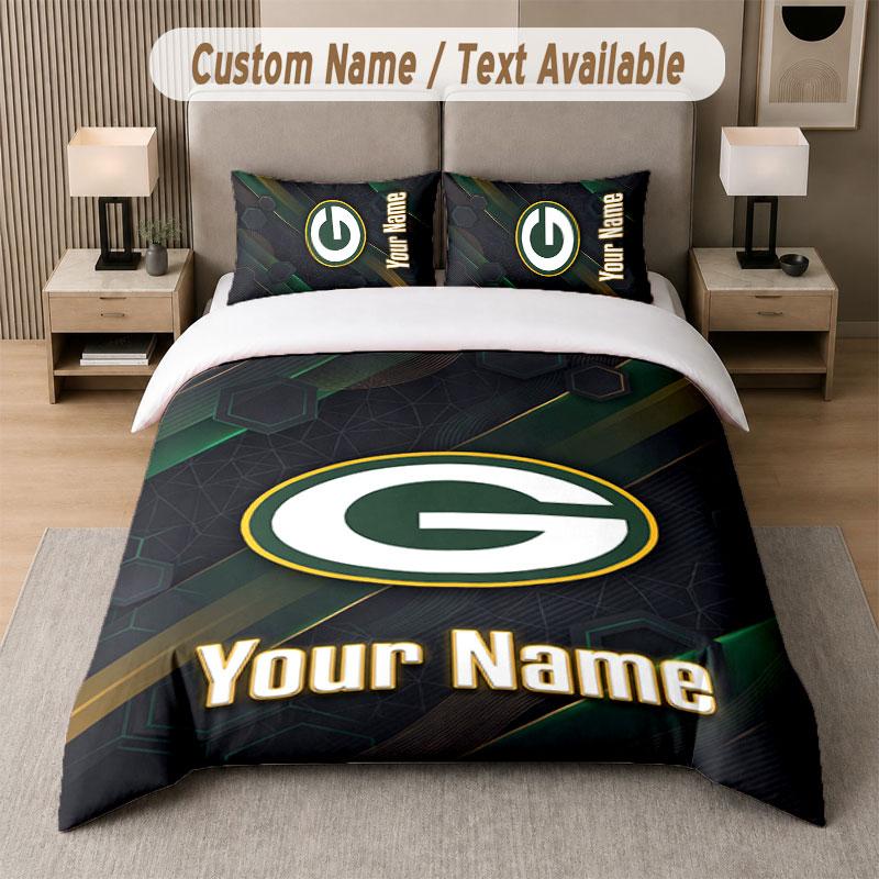 Custom Bedding Set Green Bay Packers Pattern, Print Name Text 1 Duvet Cover plus 2 Pillowcases Home Textile