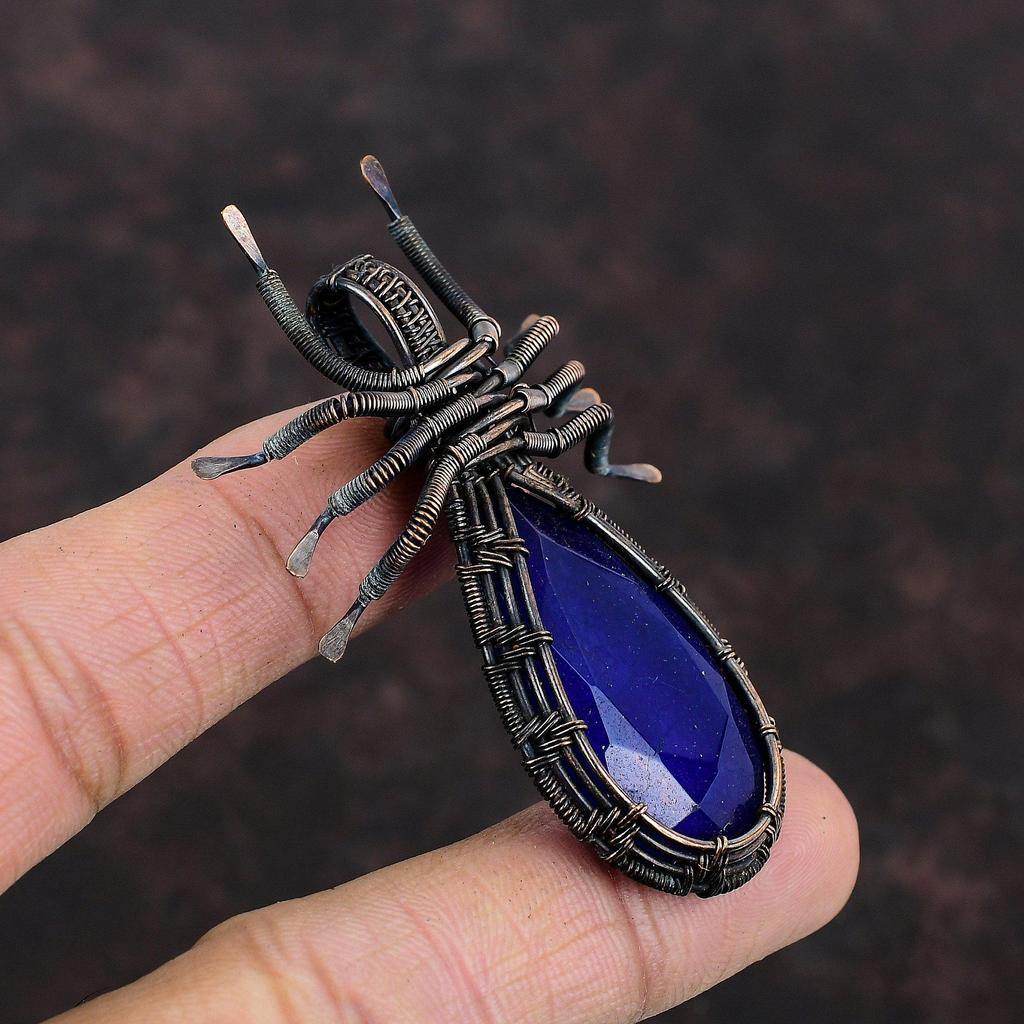 Faceted Blue Sapphire Pendant Copper Wire Wrapped Pendant Handmade Pendant Copper Wire Wrap Jewelry Gift For Mother Gemstone Spider Pendant