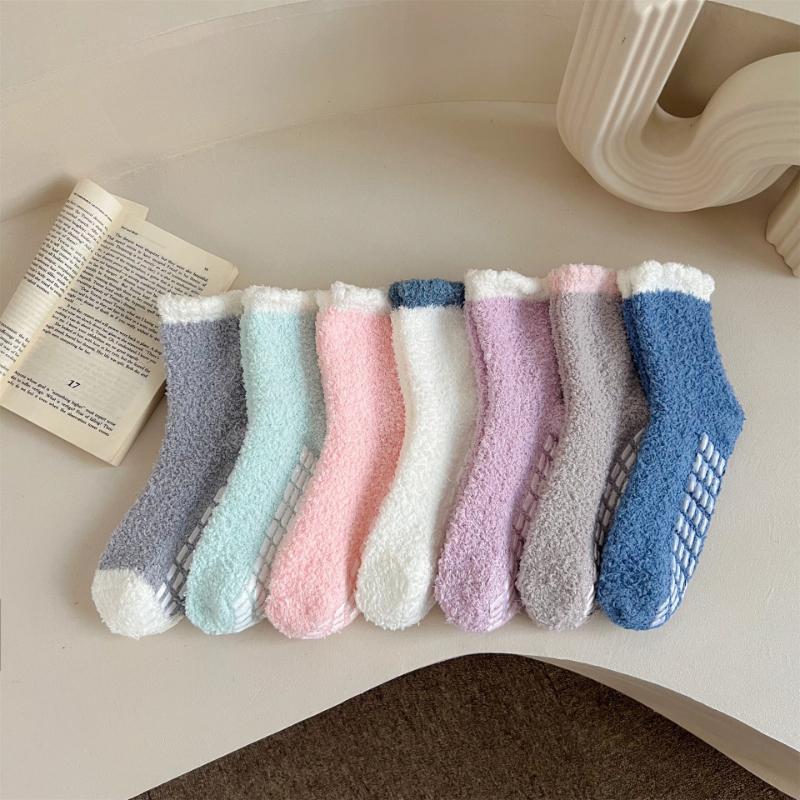 6 Pairs Women's Non-Slip Thermal Fleece Socks Winter Thick Floor Socks Solid Color Mix Soft Polyester One Size Color As Same As The Picture