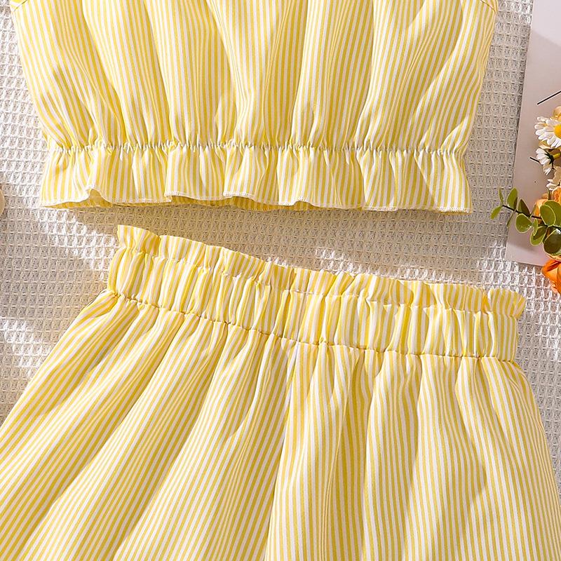 Летний полосатый комплект из майки и шорт в японском стиле для девочек (Большой ребенок) – Коллекция 2025