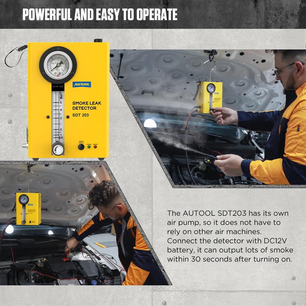 Автомобильный дымогенератор, анализатор утечек труб, AUTOOL SDT203, источник питания 12 В, внутренний воздушный насос, манометр, регулируемый размер дыма