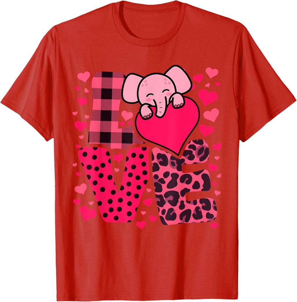 Cute Elephant Love Hearts Valentines Day Graphic Tee Soft Breathable Casual T-Shirt