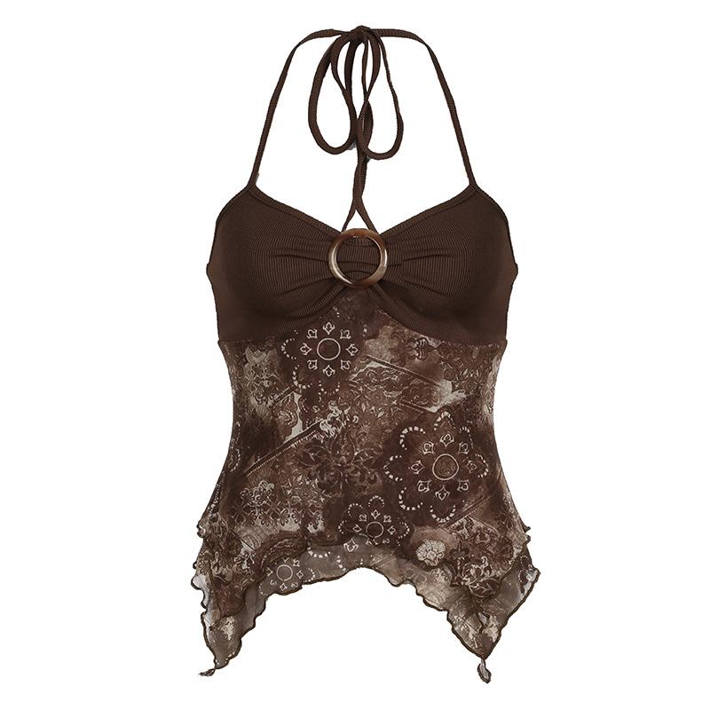 Женская майка с винтажным принтом, неровным подолом и висячим воротом, дизайнерская трикотажная лоскутная подтяжка