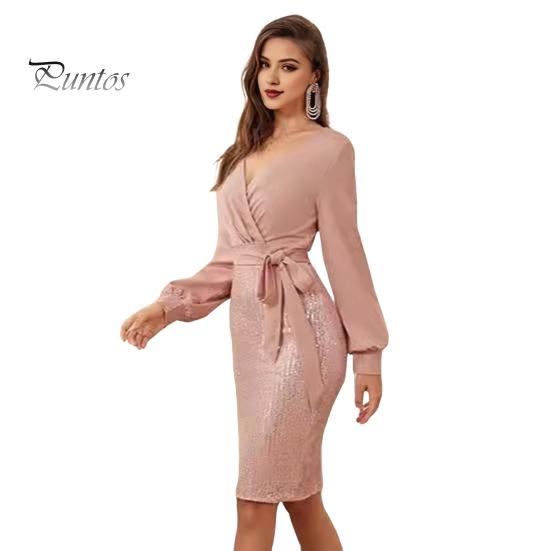 Женское вечернее платье с V-образным вырезом, облегающее платье-футляр с длинными рукавами, пайетками, шнуровкой на талии, длиной до колена, мини-платье для офиса, банкета, деловой поездки