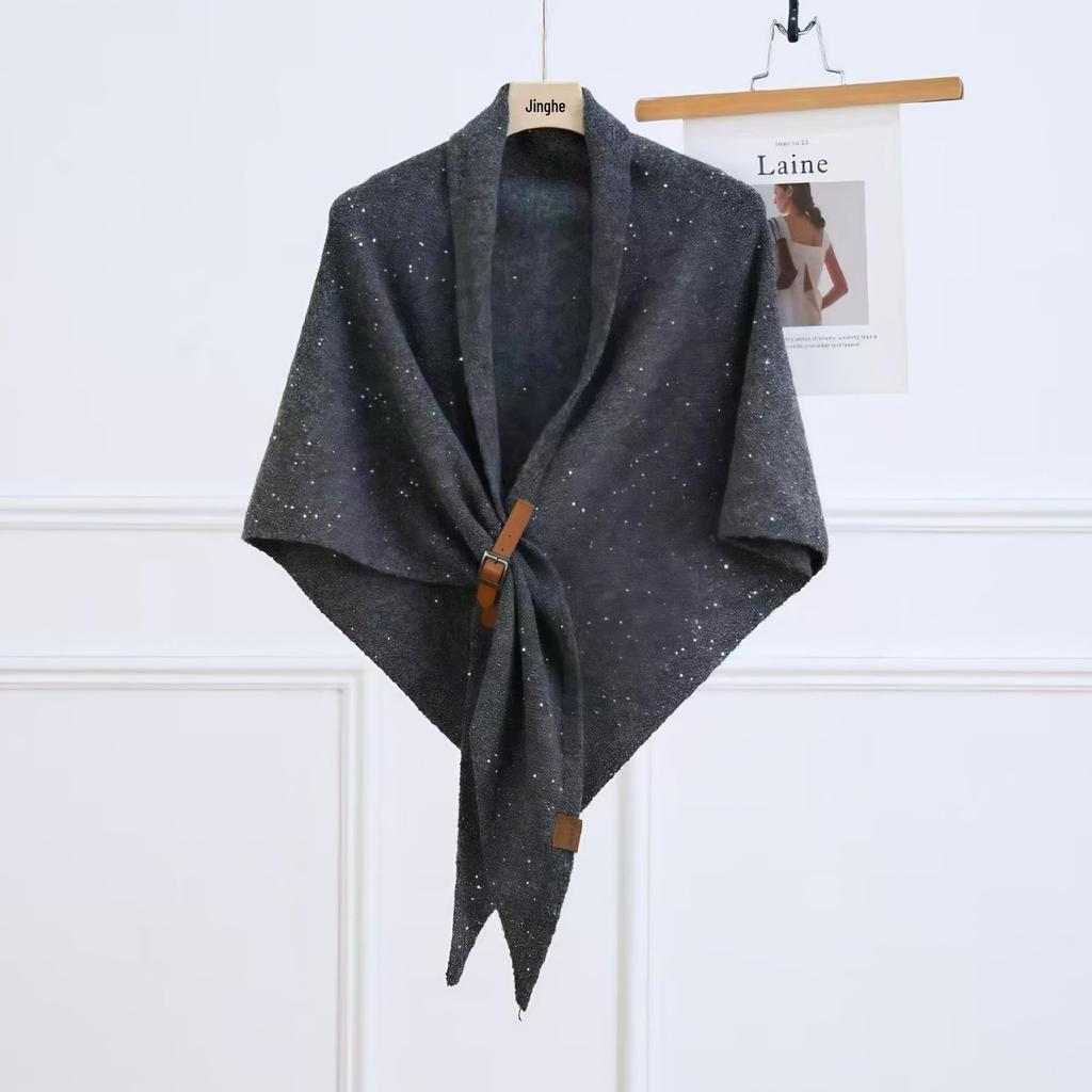 Korean Style Versatile Wool Blend Sequin Knit Shawl - Shiny Triangle Scarf for Women