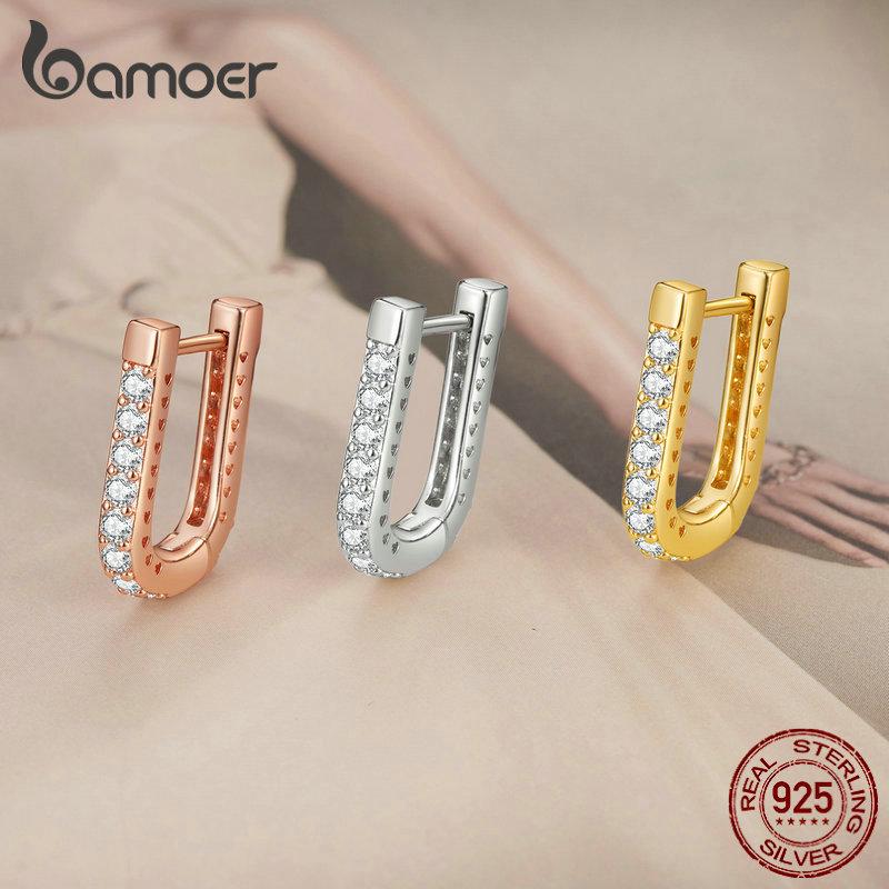BAMOER 925 Sterling Silver Classic U-shaped Ear Buckles Earrings for Female Shining Zircon Earrings Fine Jewelry Gift