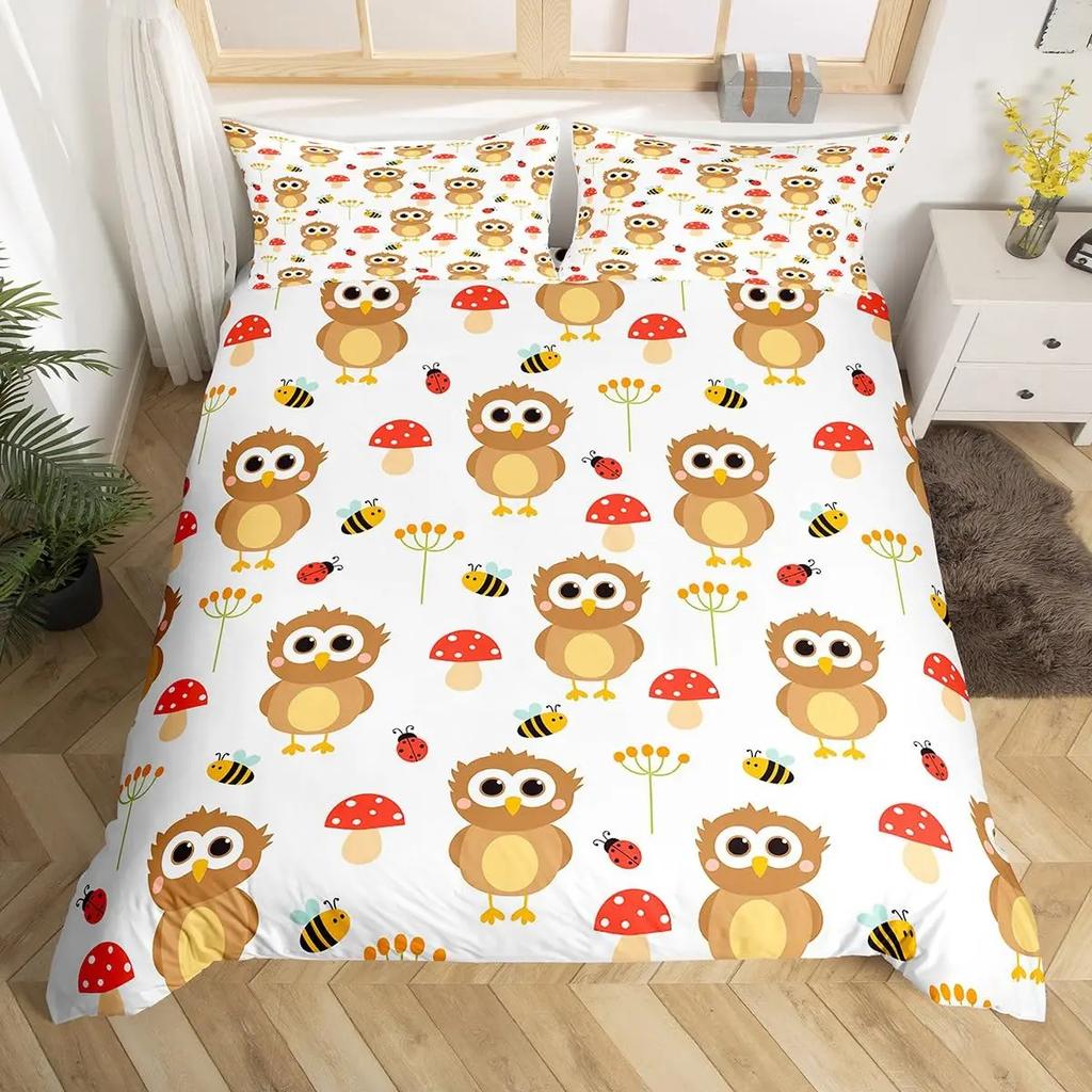 Kids Cartoon Garden Bed Set Cute Owls Comforter Cover, Chic Tree Butterfly Duvet Cover Full Queen White Daisy Floral Bedding Set