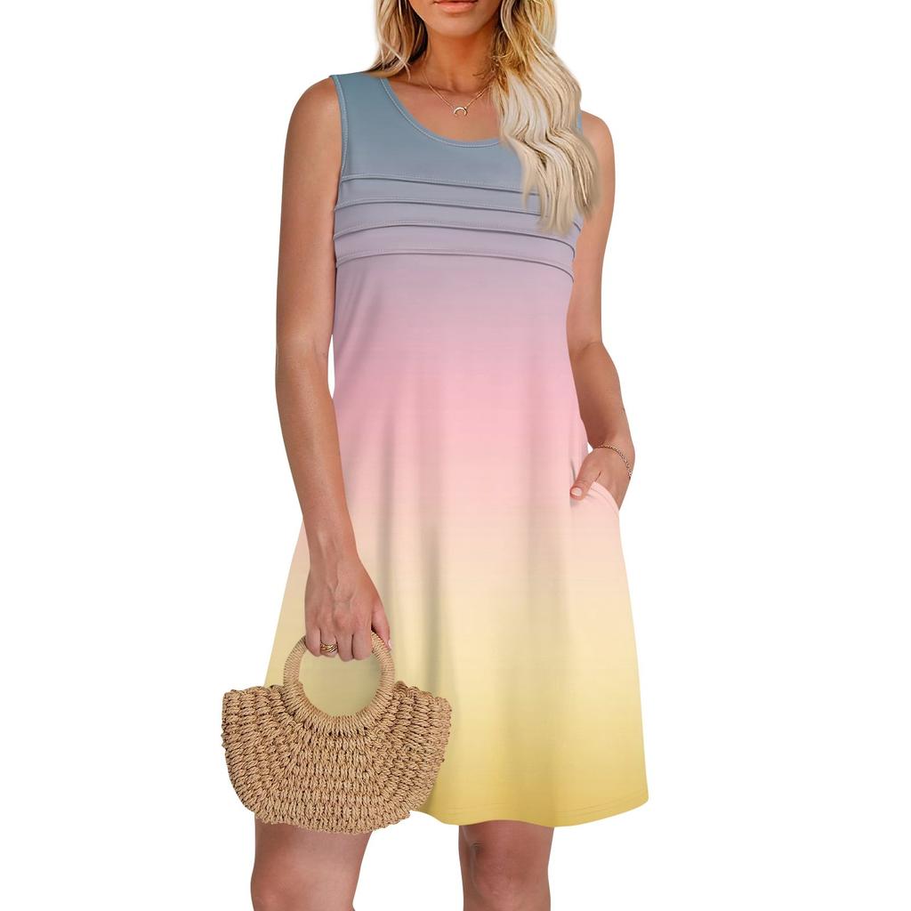 Женские летние платья с круглым вырезом, плиссировкой спереди, без рукавов, карманами, сарафаном, повседневным платьем