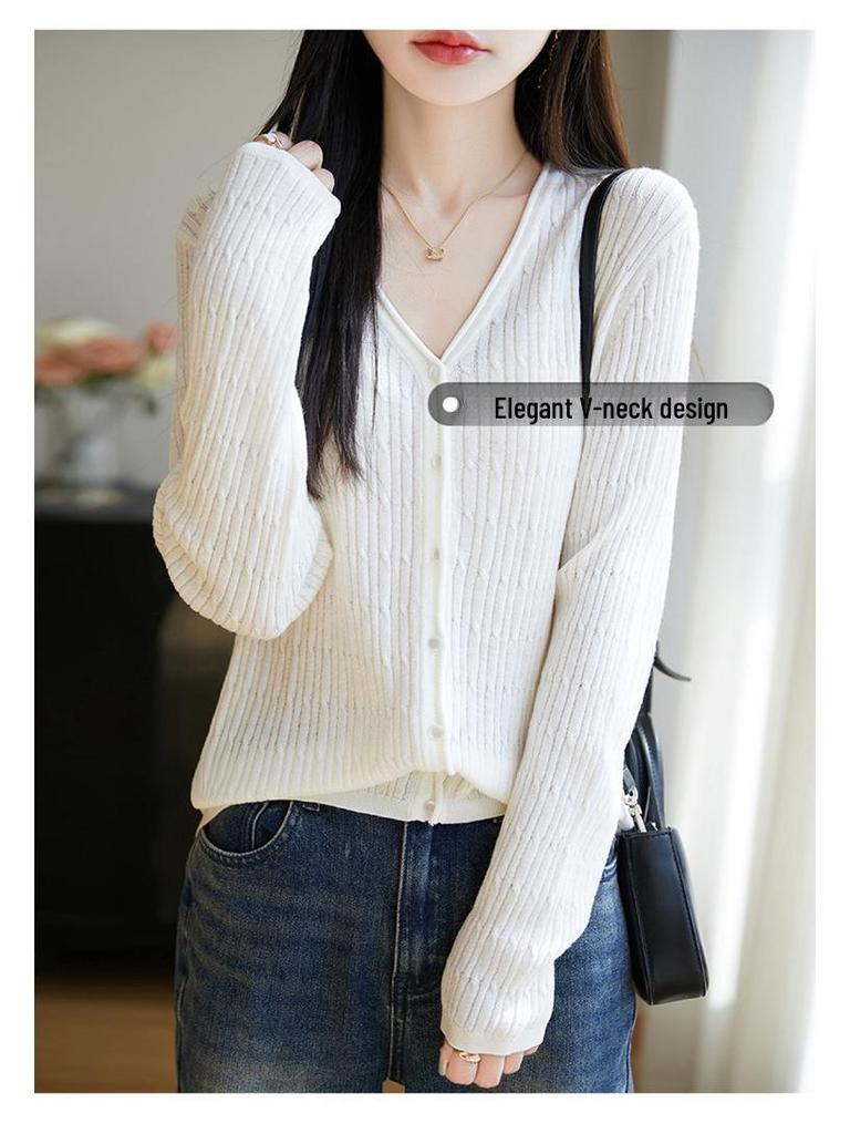 2025 Весна/Лето Женский Шерстяной Шелковый Кардиган Свободной Трикотажи с Длинным Рукавом и V-образным Вырезом
