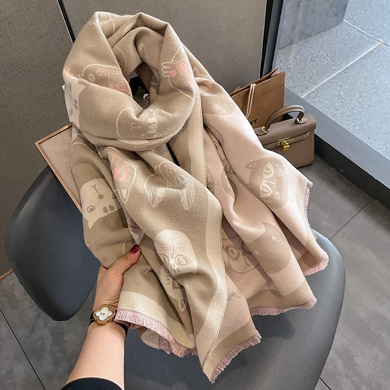 Womens Winter Warm Faux Cashmere Scarf With Floral Print Soft Knit Neck Wrap Office Casual Wear