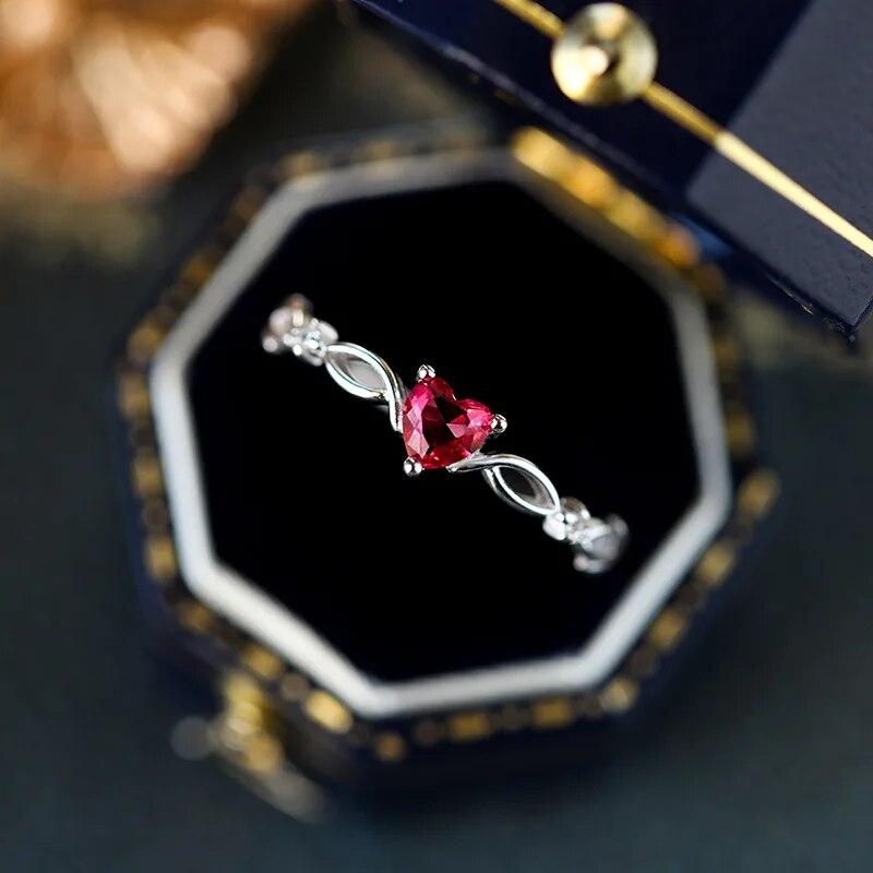 Модное парное кольцо с четырьмя зубцами в форме сердца с рубином и полным бриллиантом для женщин, стерлинговое серебро, рождественский подарок, ювелирные изделия, кольца из стерлингового серебра 925 пробы для женщин