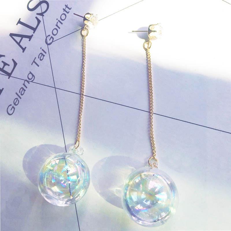 Charm Women Girls Transparent Glass Ball Pendant Long Earrings Gold Color Chain Earring Studs