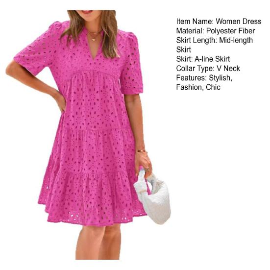 Women's Hollow Out Eyelet Dress Casual Short Sleeve V-neck Midi Dress Summer Beach Tiered Flowy A-line Sundress