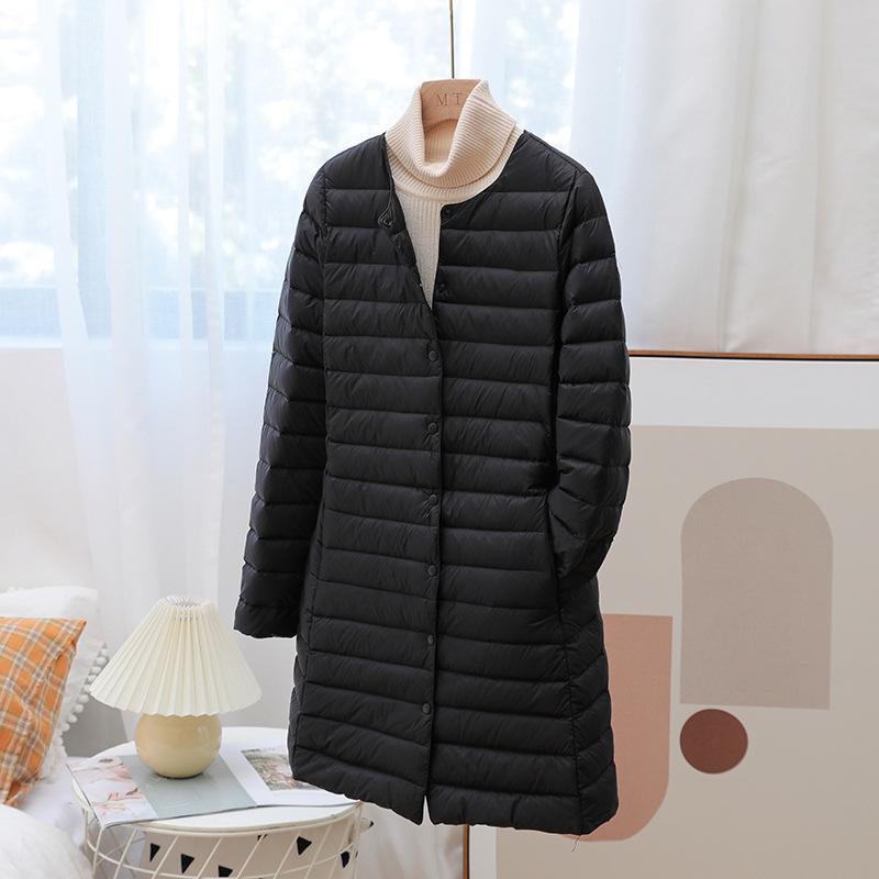 Зимнее ультралегкое женское пальто с круглым вырезом, осенне-зимняя куртка средней длины, тонкая, теплая, базовая стеганая куртка