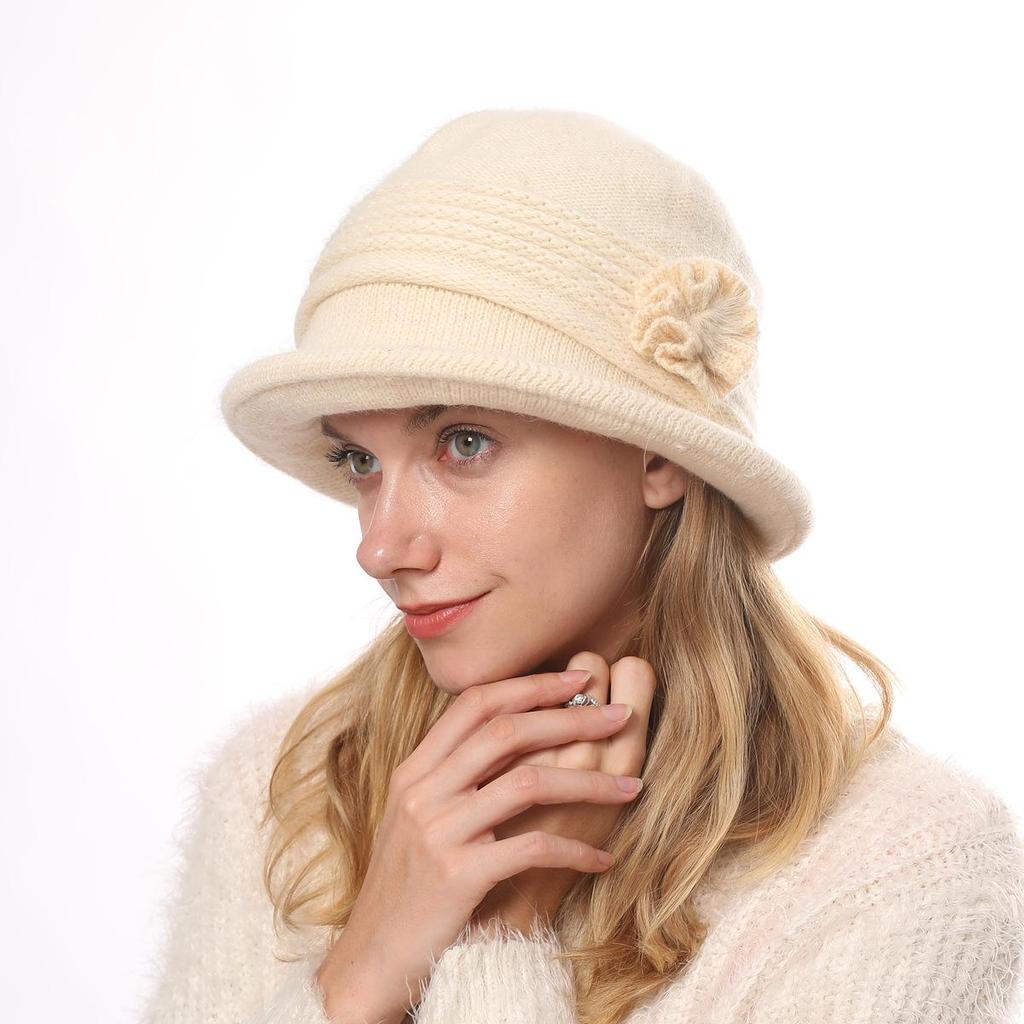 Women's Knitted Women's Rabbit Proof Wool Pot Hat Autumn Winter Thickened Warm Keeping Mother's Hat Flower