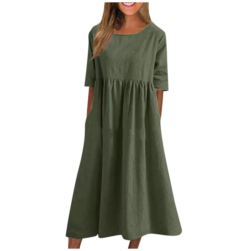 Women's Summer Solid Color Round Neck Half Sleeve  Casual Long Solid Color Dress