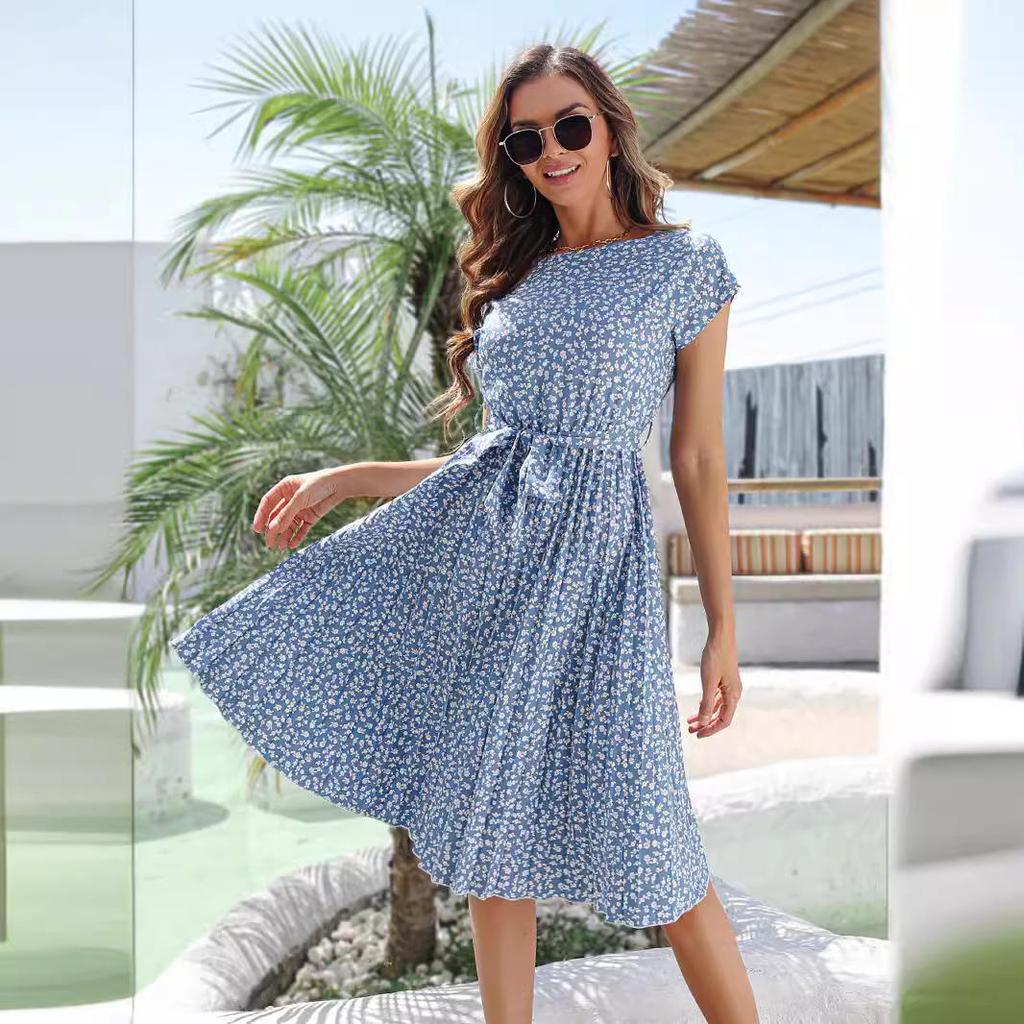 2025 Цветочная плиссированная юбка с коротким рукавом - Весна/Лето Европейский и американский стиль