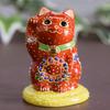 Stylish Kutani Ware Maneki Neko Riding an Reddish from Waza No Perfect for Store or As a Ornament, Right-Handed (Lucky Cat) Oval, Brown, Kura.