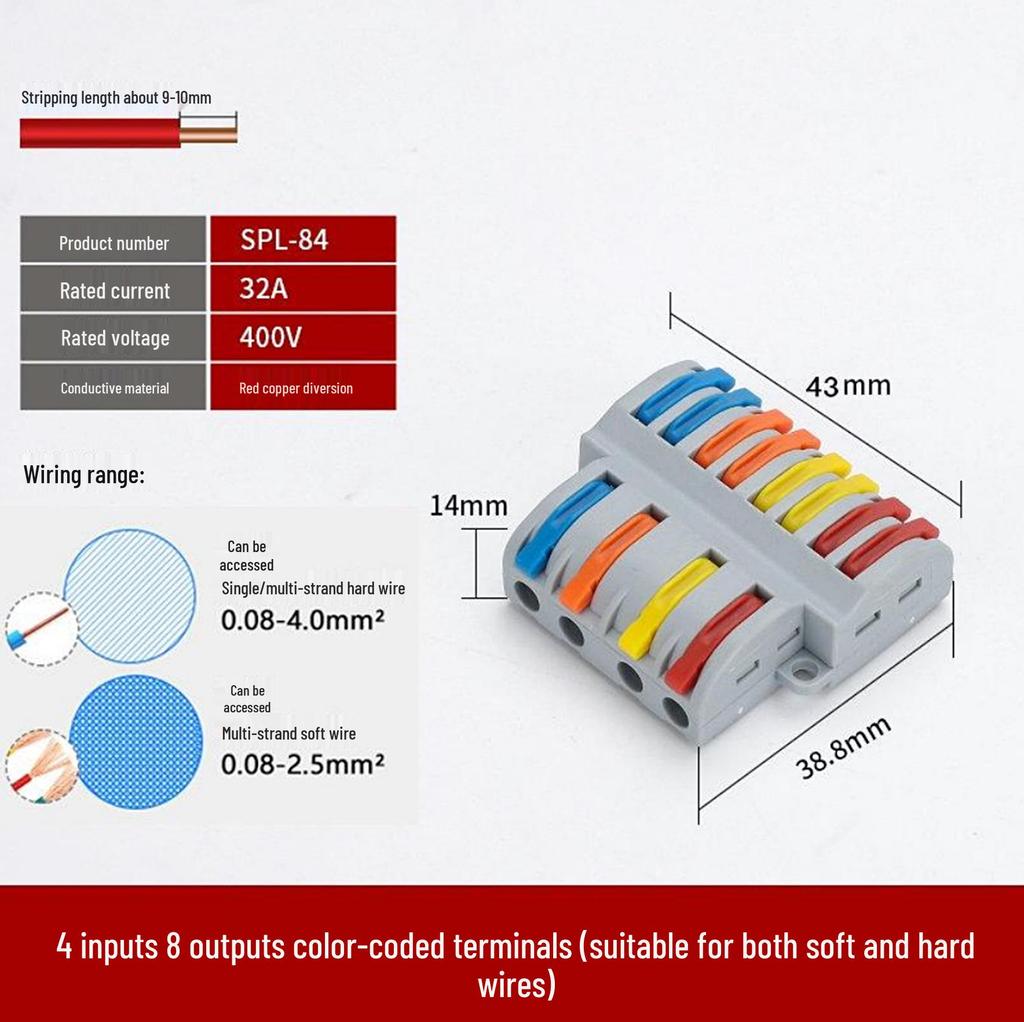 SPL-Splitter: 2-in-10-out, 2-in-12-out Quick Wiring Terminal, Press-Type, Orange/Multicolor.