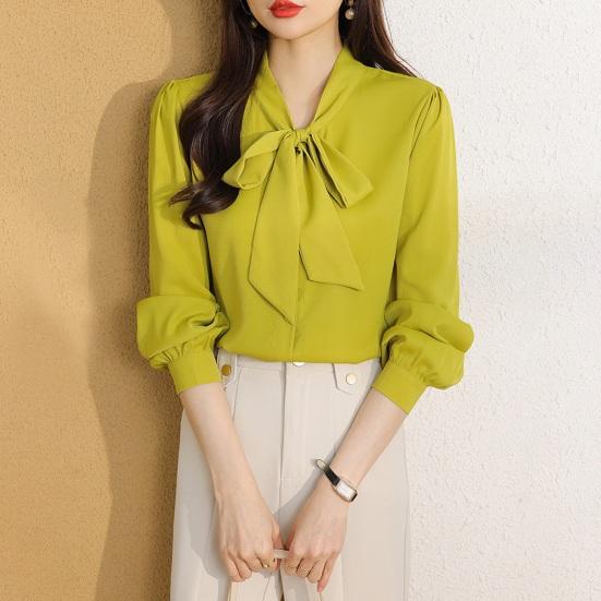 Женская рубашка со шнуровкой и бантом на воротнике, с длинным рукавом, повседневная рубашка, однотонная, свободная, шифоновая рубашка, топы, повседневная одежда