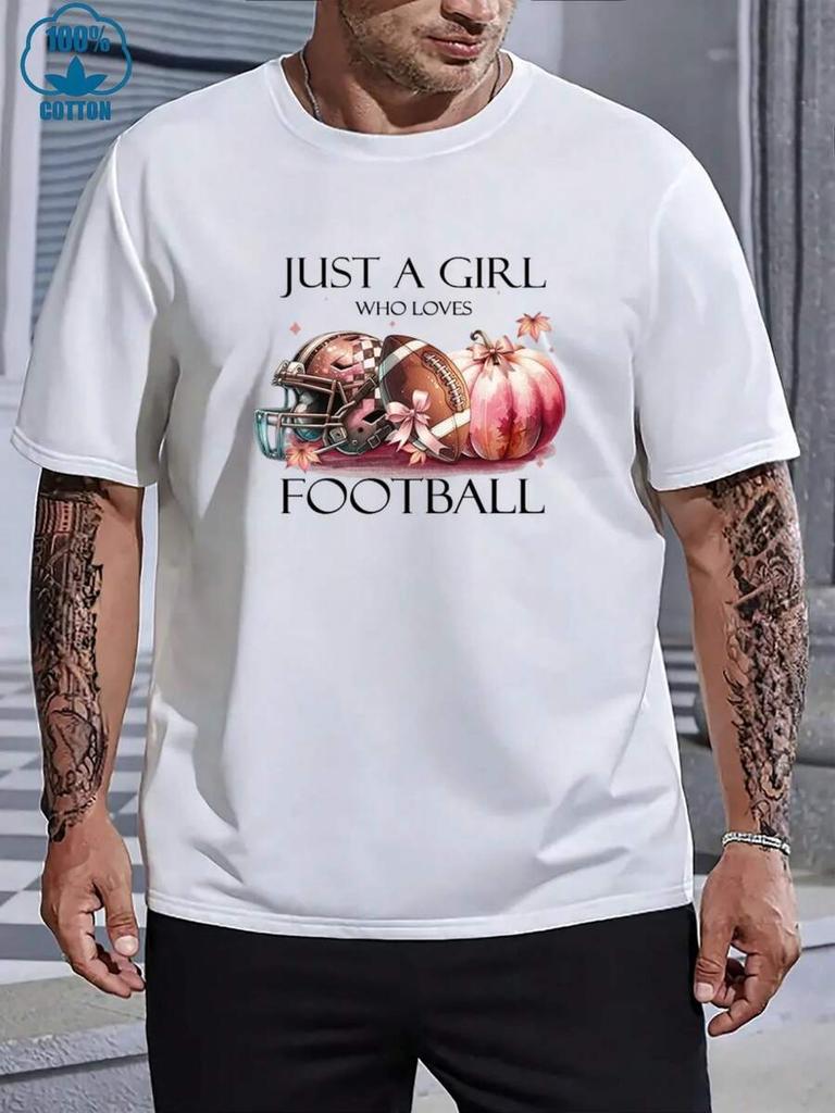 JUST A GIRL WHO LOVES FOOTBALL With Helmet, Ball And Pumpkin Print Unisex T-Shirt