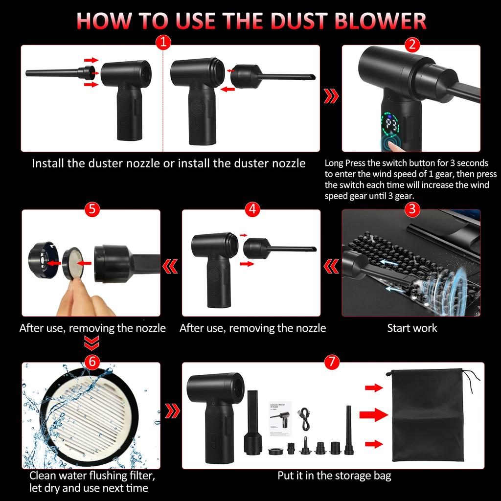 100 Вт 7500 мАч Электрический очиститель воздуха Пылесос Электрический очиститель воздуха Пылесос со сжатым воздухом - очиститель с цифровым двигателем щетки экрана