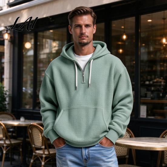 Comfortable Breathable Fabric Sweatshirt Men Waffle Texture Sweatshirt Loose Fit Long Sleeve Pullover Tops with Street Style Front Pocket,