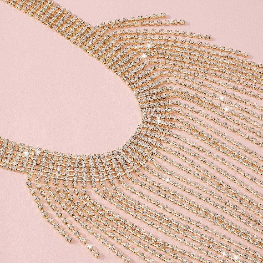 Geometric Long Tassel Necklace Sparkling Clavicle Chain Sweet Full Rhinestone Necklace Women