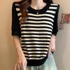 Women Sweaters Pullovers 2025 Summer Short Sleeve O-Neck White Black Knitted Striped Sweater Women Tops Pullover JJ235