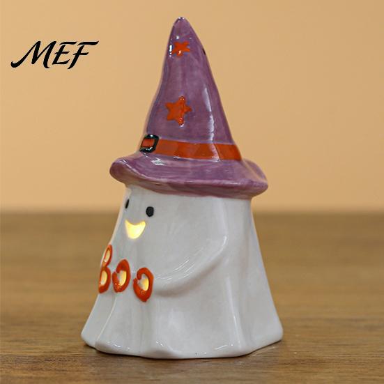 Warm Light Ceramic Halloween Decor Tealight Holder, Lighted Ghost Pumpkin Figurine with Witch Hat, Tiered Tray Tabletop for Party Small Decorative