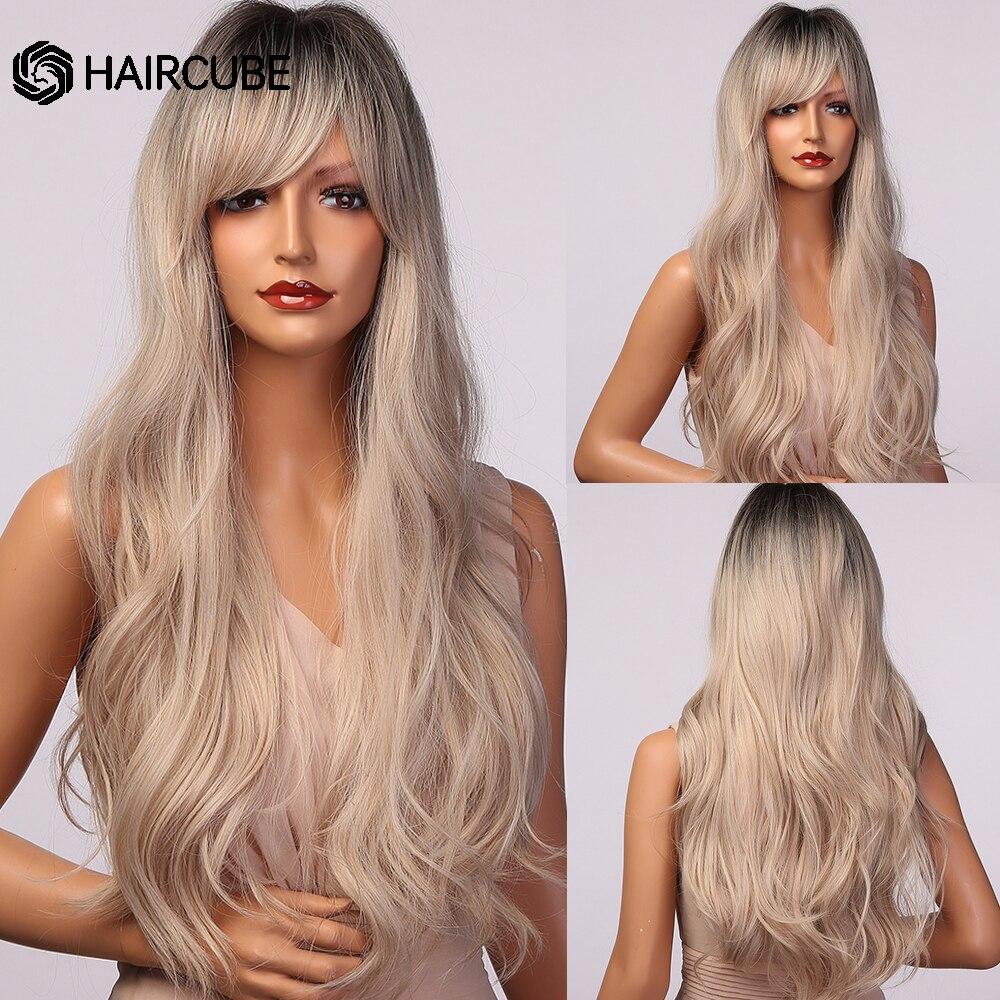 HAIRCUBE Длинный волнистый красно-коричневый синтетический парик с темными корнями из натуральных волос с челкой для женщин, термостойкий парик для повседневного косплея