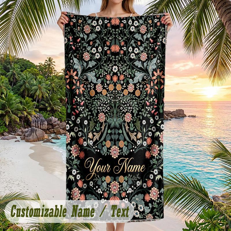 Floral Fantasy Poster Theme Quick Dry Beach Towel Custom Name Text Print Large Sand Resistant Towel Beach Vacation