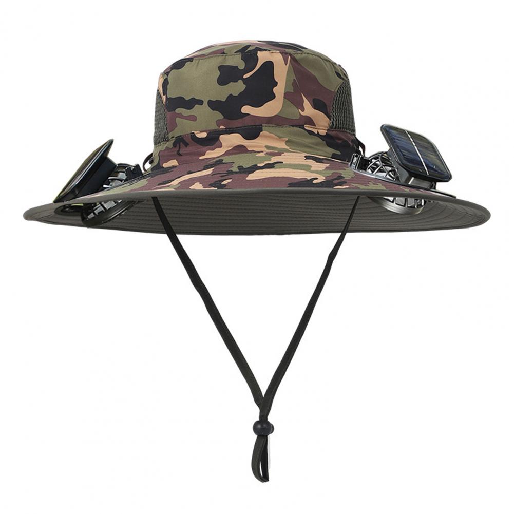 Men Fisherman Hat with Dual Solar Fan Large Brim Windproof Strap USB Charging Anti UV Sunlight Quick Dry Great Breath