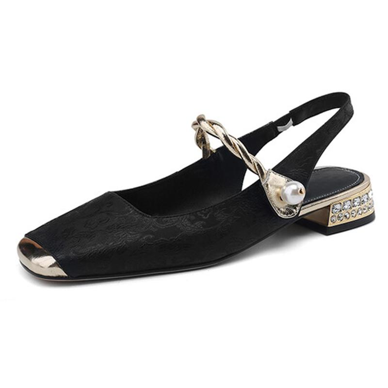 Модные женские босоножки с принтом на низком каблуке 2024 года, летние туфли с квадратным носком и жемчугом, туфли-лодочки с открытым носком и толстым каблуком, женские босоножки