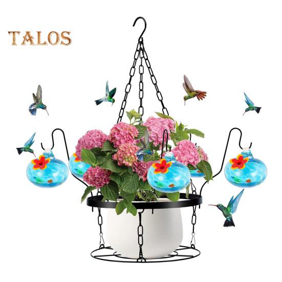Кормушка для колибри из выдувного стекла ручной работы, подвесной металлический держатель для кашпо 2 в 1 с 6 маленькими кормушками для птиц из выдувного стекла для декора окон в саду и на заднем дворе