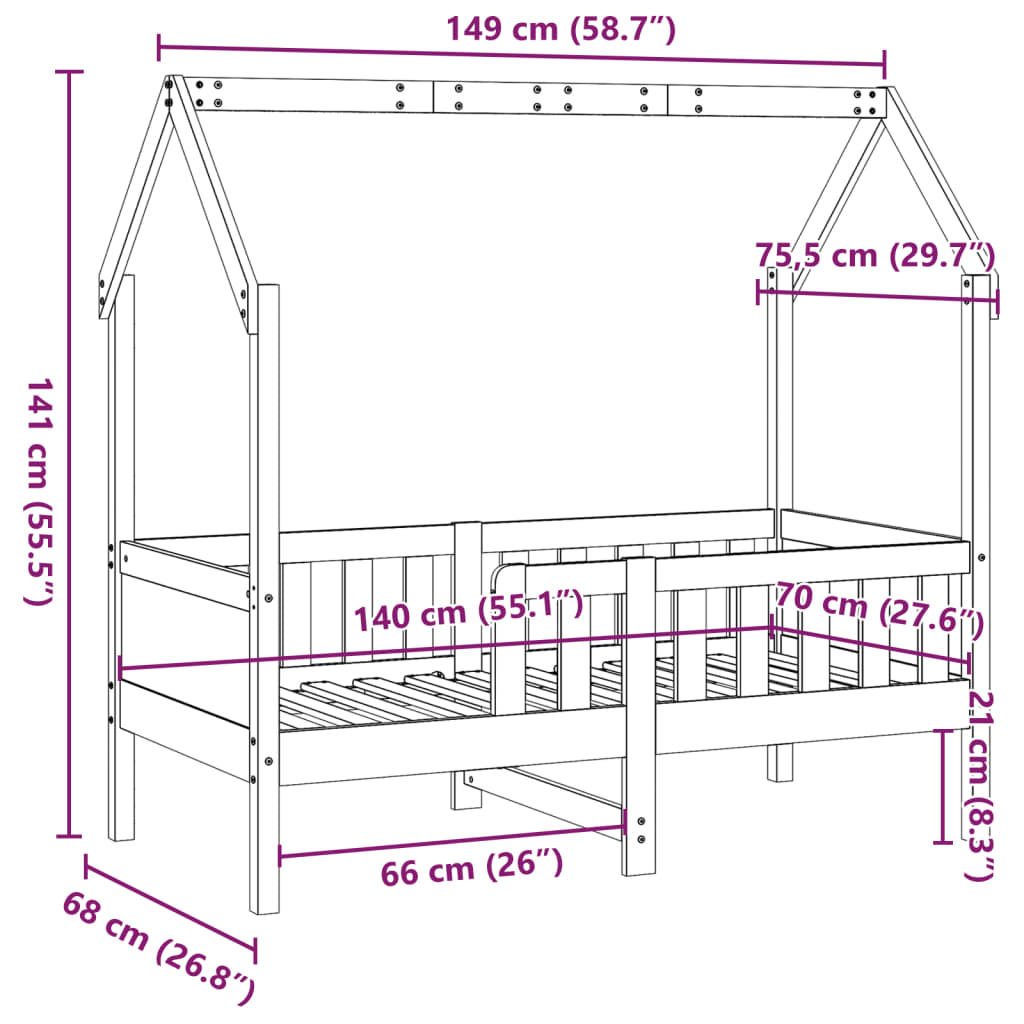 Kids House Bed Solid Pine Wood 70 x 140 cm