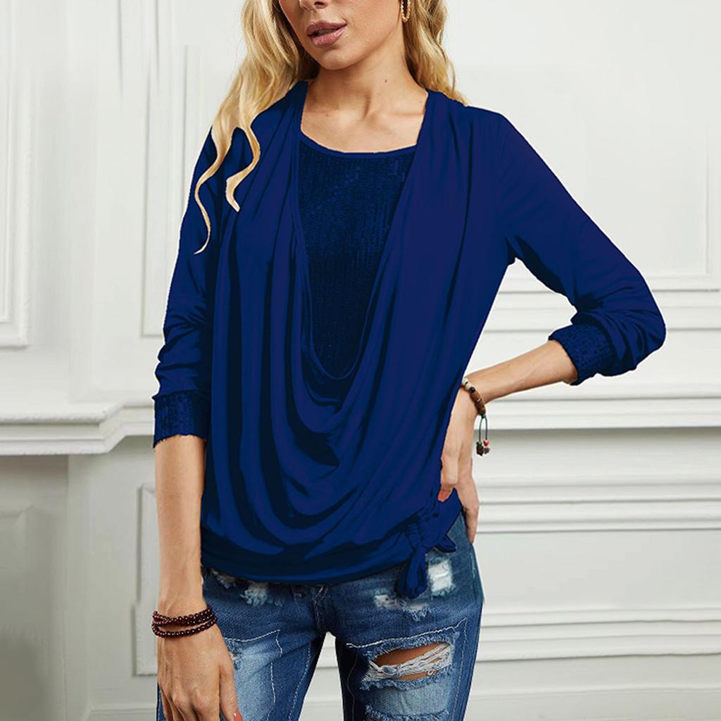 Женский сплошной цвет с блестками и длинным рукавом, большой воротник с подвеской, свободный топ из двух частей с завязками